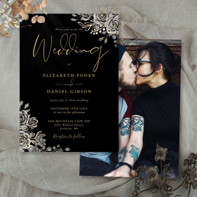 Svart och guld gotiska rosor blommande foto bröllo inbjudningar (Black And Gold Gothic Roses Floral Photo Wedding Invitation)