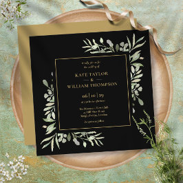 Svart och Guld Greenery Botanical Bröllop Inbjudningar
