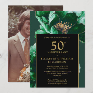 Svart Och Guld Grön Blommig 50-årsjubileum Inbjudningar