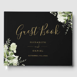 Svart Och Guld Grönska Blommig Bröllopsfest Gästböcker