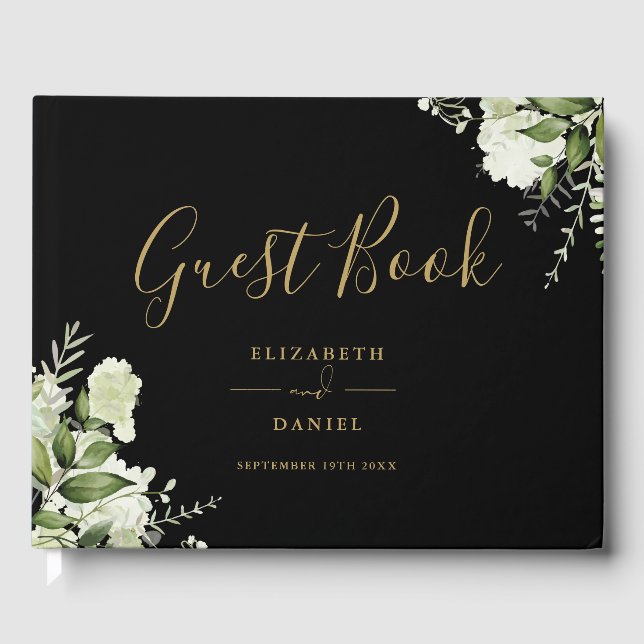 Svart Och Guld Grönska Blommig Bröllopsfest Gästböcker (Framsida)