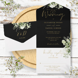 Svart Och Guld Grönska Blommig Monogram Bröllop