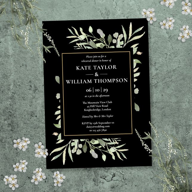 Svart Och Guld Grönska Övningsmiddag Inbjudningar (Black And Gold Greenery Rehearsal Dinner Invitation)