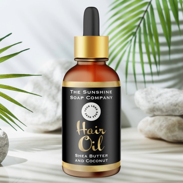 Svart och Guld Hair Oil Flaska med logotyp Fraktsedel (Skapare uppladdad)