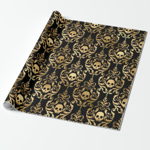 Svart och guld Halloween-damask Presentpapper