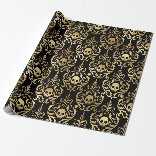 Svart och guld Halloween-damask Presentpapper (Utrullad)
