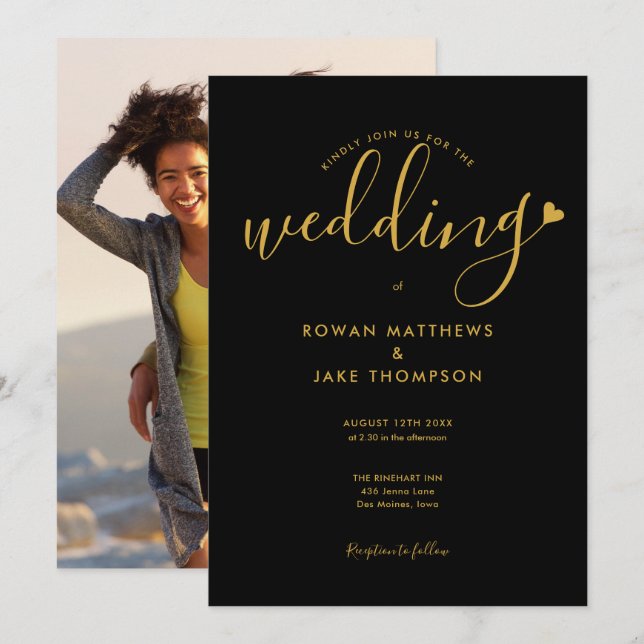 Svart och Guld Heart-Elegant, foto Bröllop Inbjudningar (Fram/baksida)