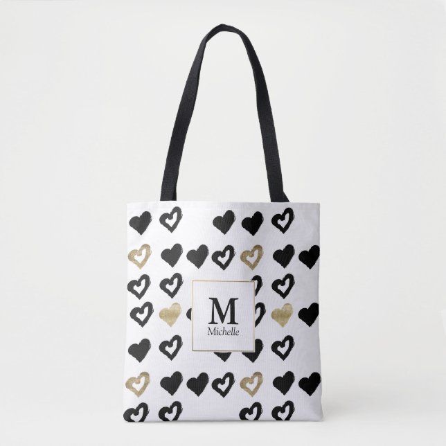 Svart och Guld Heart Monogram Togo Bag Tygkasse (Framsida)