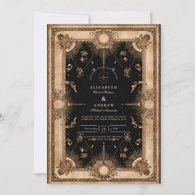 Svart och guld himmelskt barockbröllop inbjudningar (Framsida)