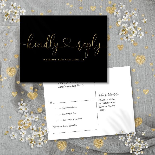 Svart Och Guld Hjärt Script Sångförfrågan RSVP Inbjudan Vykort (Black And Gold Heart Script Song Request RSVP Invitation Postcard)