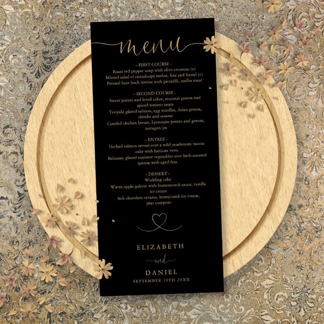 Svart Och Guld Hjärtmanus Bröllopsmiddag Meny (Black And Gold Heart Script Wedding Dinner Menu)