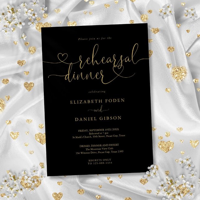 Svart Och Guld Hjärtmanus Repetitionsmiddag Inbjudningar (Black And Gold Heart Script Rehearsal Dinner Invitation)