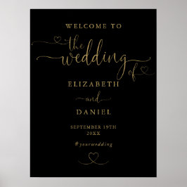 Svart och guld hjärtskript Bröllopsväkommen skylt