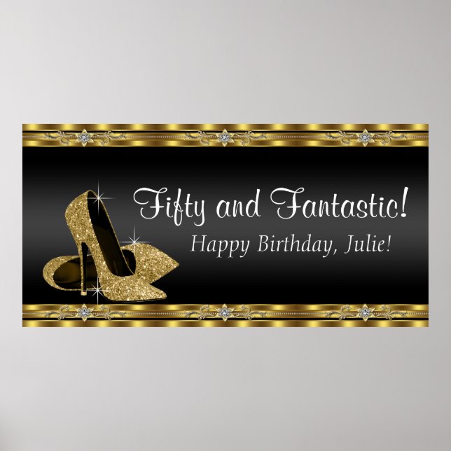 Svart och guld högklackad födelsedagsfest banner poster (Framsidan)