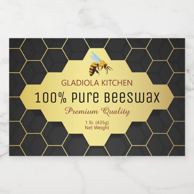 Svart och Guld Honeycomb Beeswax och Honung Mat Etiketter (Singel etikett)