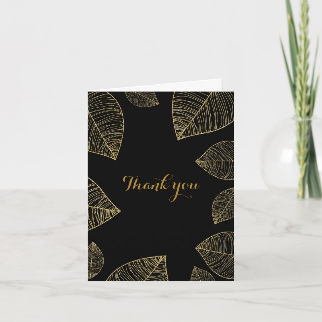 Svart och guld höstfiligransblad elegant tack kort (Framsida)