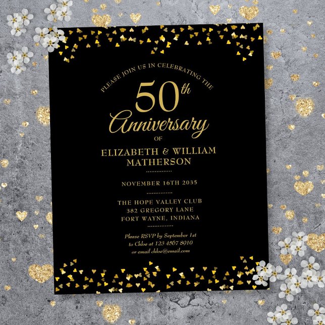 Svart och guld-inbjudan till 50-årsjubileum (Budget 50th Anniversary Black And Gold Invitation)