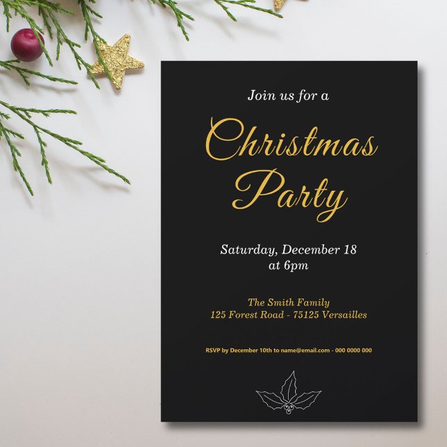 Svart och Guld-inbjudan till minsta julfest Inbjudningar (Black & Gold Minimalist Christmas Party Invitation)