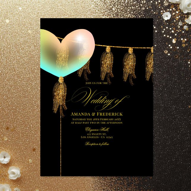 Svart och Guld Iridescent Heart Bröllop Inbjudningar (Black and Gold Iridescent Heart Wedding Invitation)
