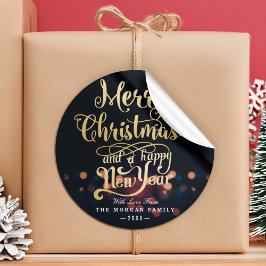 Svart och Guld jul och Gott nytt år-typografi Runt Klistermärke