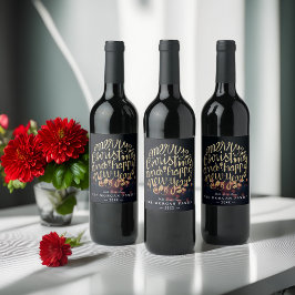 Svart och Guld jul och Gott nytt år-typografi Vinflaska Etikett