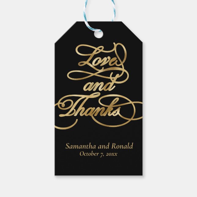Svart och guld Kärlek och tack kalligrafi bröllop Presentetikett (Framsidan)