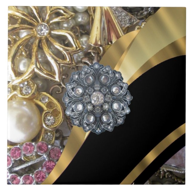 Svart och guld keramiskt plattor kakelplatta (Framsidan)