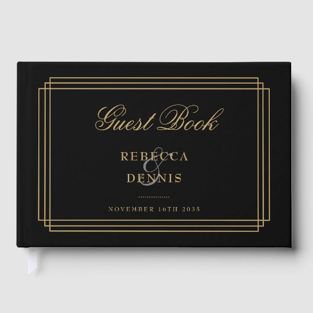 Svart och guld klassisk Art Deco bröllop Gästböcker (Framsida)