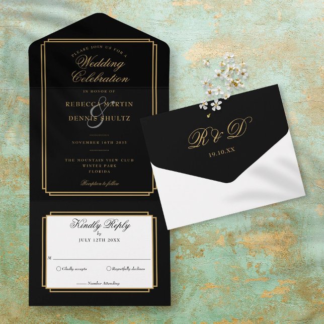 Svart Och Guld Klassisk Deco Monogram Bröllop (Black And Gold Classic Deco Monogram Wedding All In One Invitation)