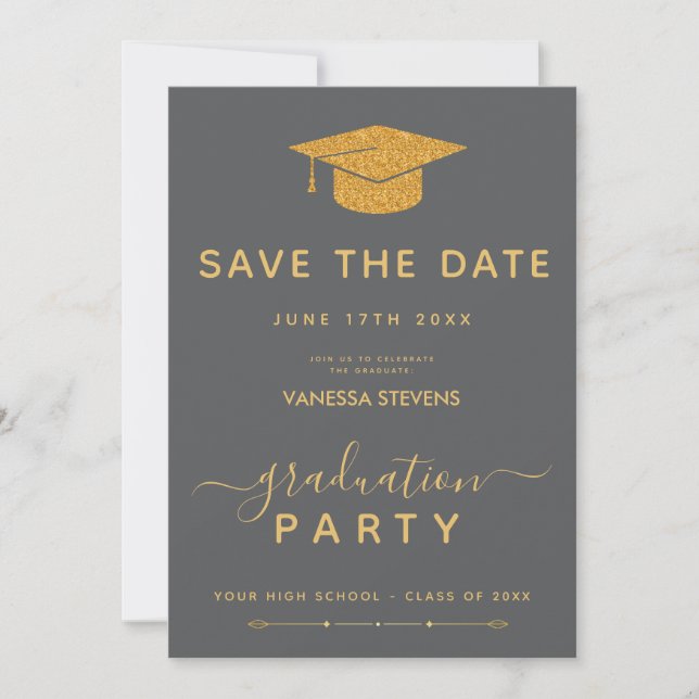 Svart Och Guld Klassisk Examen Save the Date Inbjudningar (Framsida)