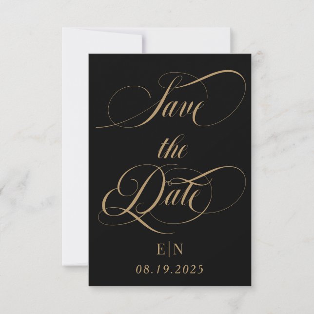 Svart och guld klassisk monogram bröllopsfoto spara datumet (Framsida)