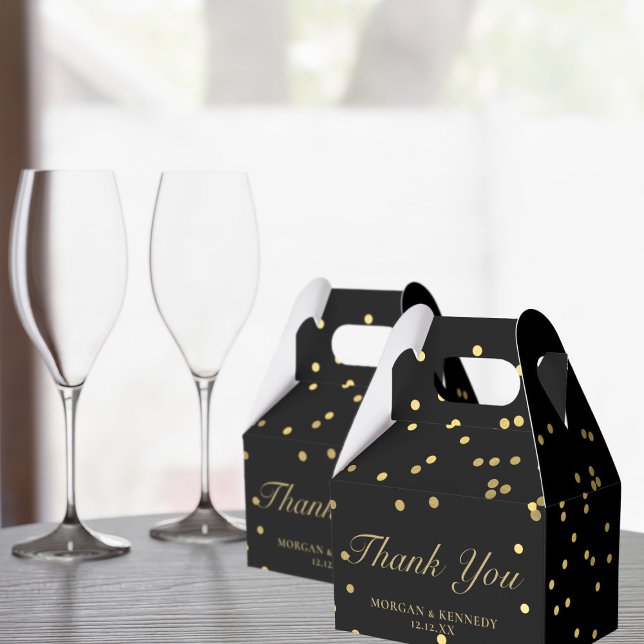 Svart och Guld Konfetti Elegant Tack Bröllop Presentaskar (Elegant black and gold favor boxes with space for your name and initials)