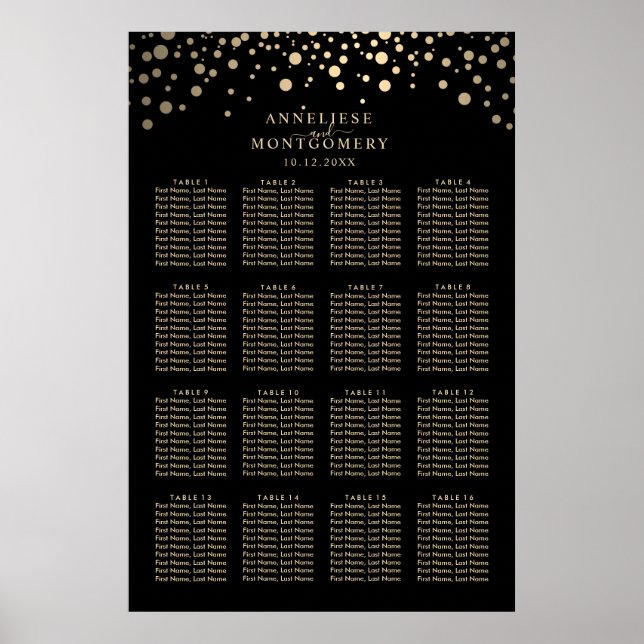 Svart och Guld-konfetti-punkter 16 sittdiagram Poster (Framsidan)