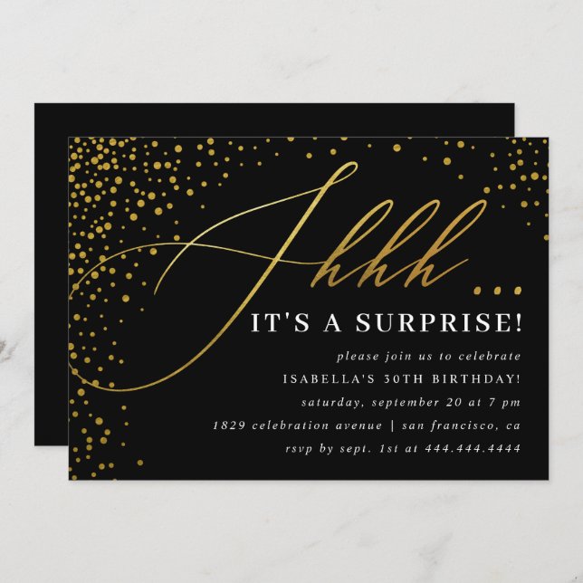 Svart och Guld-konfetti-skript - överraska Party Inbjudningar (Fram/baksida)