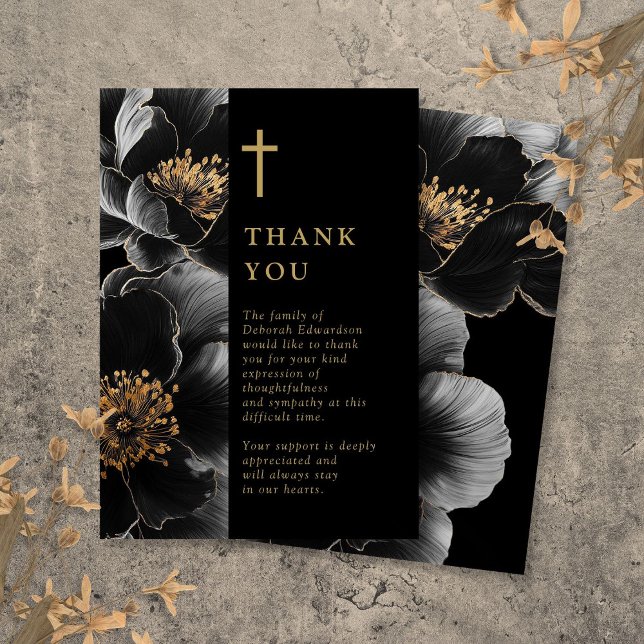 Svart och guld kristen firande av liv tack kort (Black And Gold Christian Celebration Of Life Thank You Card)