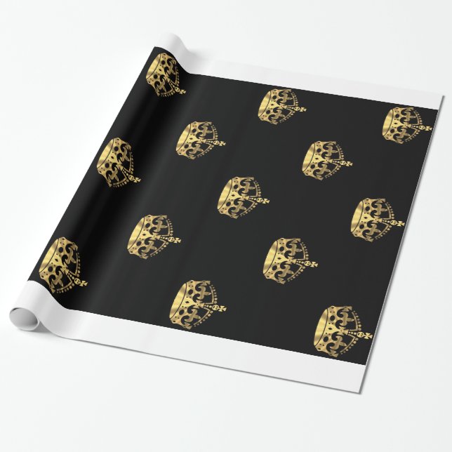Svart och guld- kronamönster presentpapper (Utrullad)