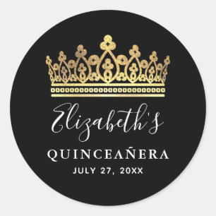 Svart och Guld Kunglig Krona Elegant Quinceanera Runt Klistermärke