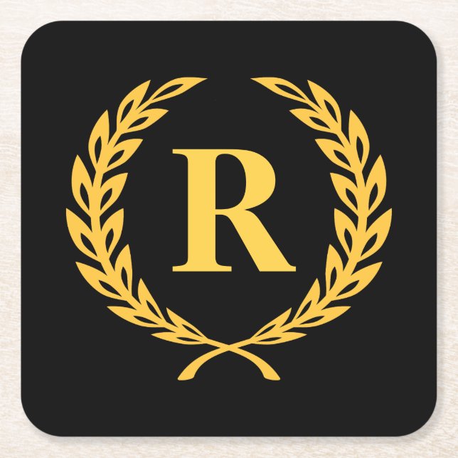 Svart och Guld Laurel-utandningsmonogram Underlägg Papper Kvadrat (Framsidan)
