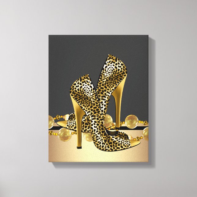Svart och Guld Leopard High Heel Shoes Boutique Canvastryck (Framsida)