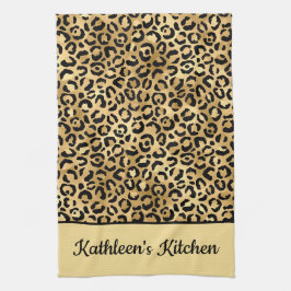 Svart och guld leopardtryck Cheetah med monogram Kökshandduk
