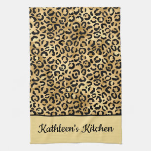 Svart och guld leopardtryck Cheetah med monogram Kökshandduk