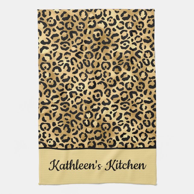 Svart och guld leopardtryck Cheetah med monogram Kökshandduk (Vertikal)