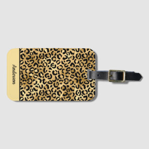 Svart och guld leopardtryck med monogram Cheetah Bagagebricka