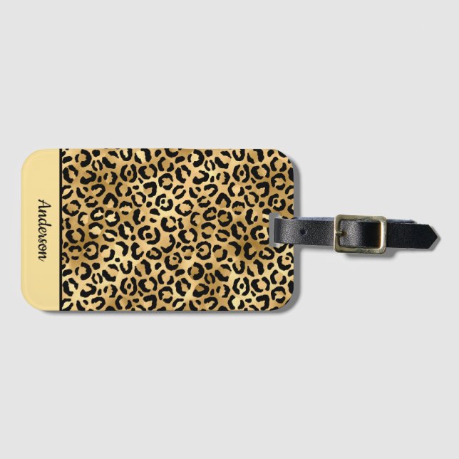 Svart och guld leopardtryck med monogram Cheetah Bagagebricka (Framsida horisontal)