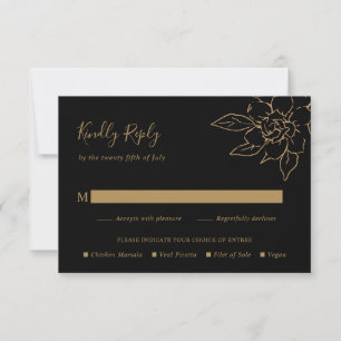 Svart och guld LIne Art Blommig Elegant Bröllop OSA Kort