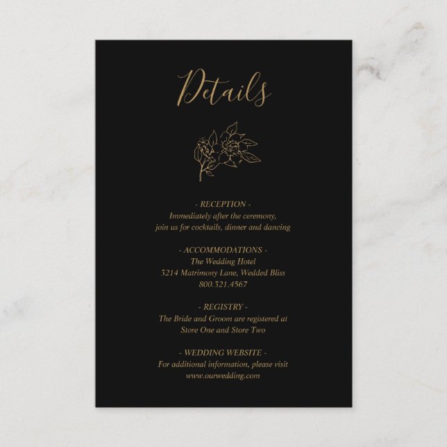 Svart och guld Linje Konst Blommig Elegant Bröllop Tilläggskort (Framsida)