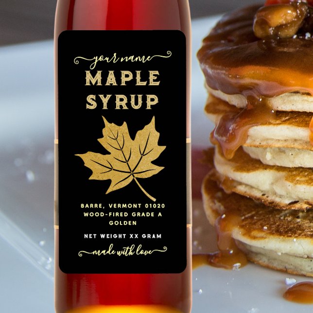Svart och Guld-Lodrät Maple Löv Maple Syrup-etiket Adressetikett (Skapare uppladdad)