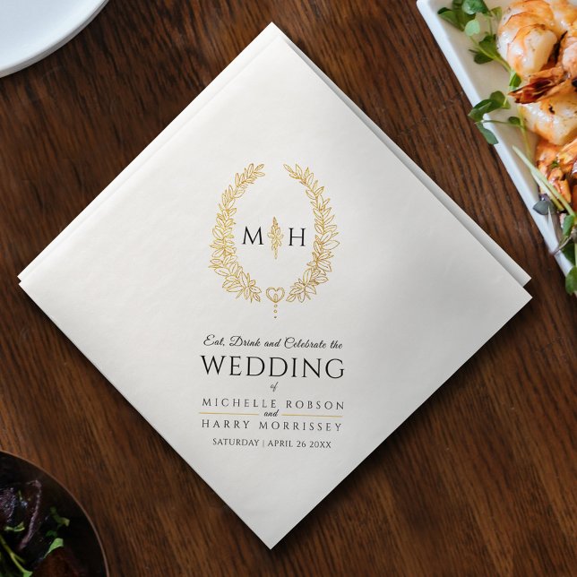 Svart och guld löv, ovala utandningskonst bröllop pappersservett (Skapare uppladdad)