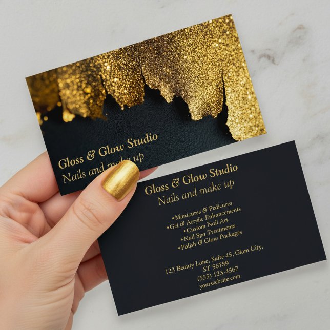 Svart och Guld Luxurious Glitter nagel skönhetssal Visitkort (Black and Gold Luxurious Glitter nail beauty salon Business Card.)