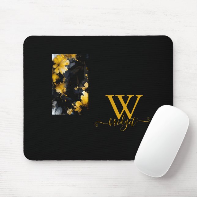 Svart och guld lyx blommigt marble swirrrt musmatta (Med mus)
